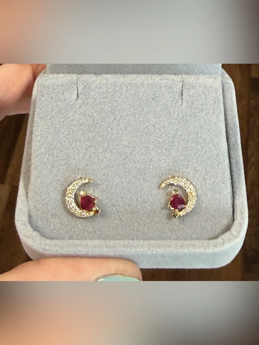 Mystical Waning Crescent Moon Natural .50CT Ruby Stud Earring 18K Yellow Gold